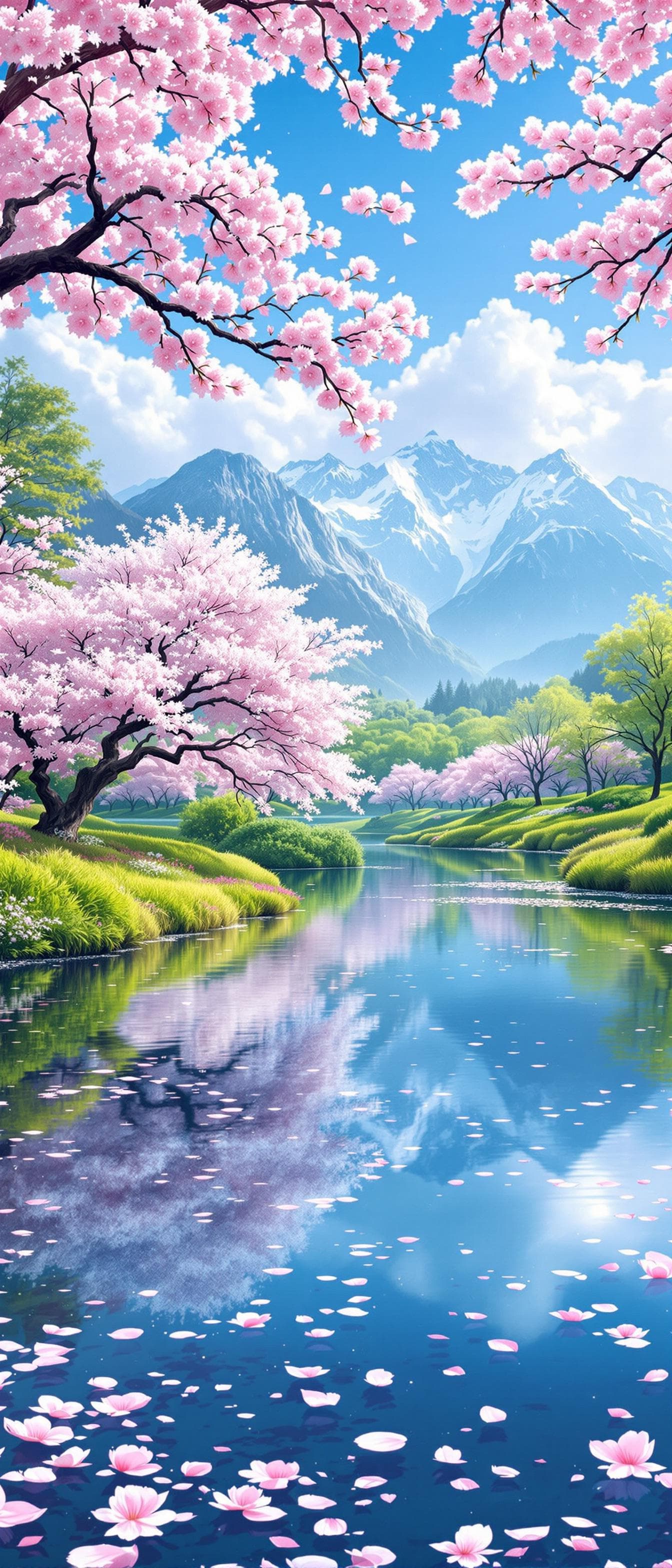 AI generated: Create a serene landscape scene featuring a pond reflecting blooming cherry blossoms, surrounded by ...