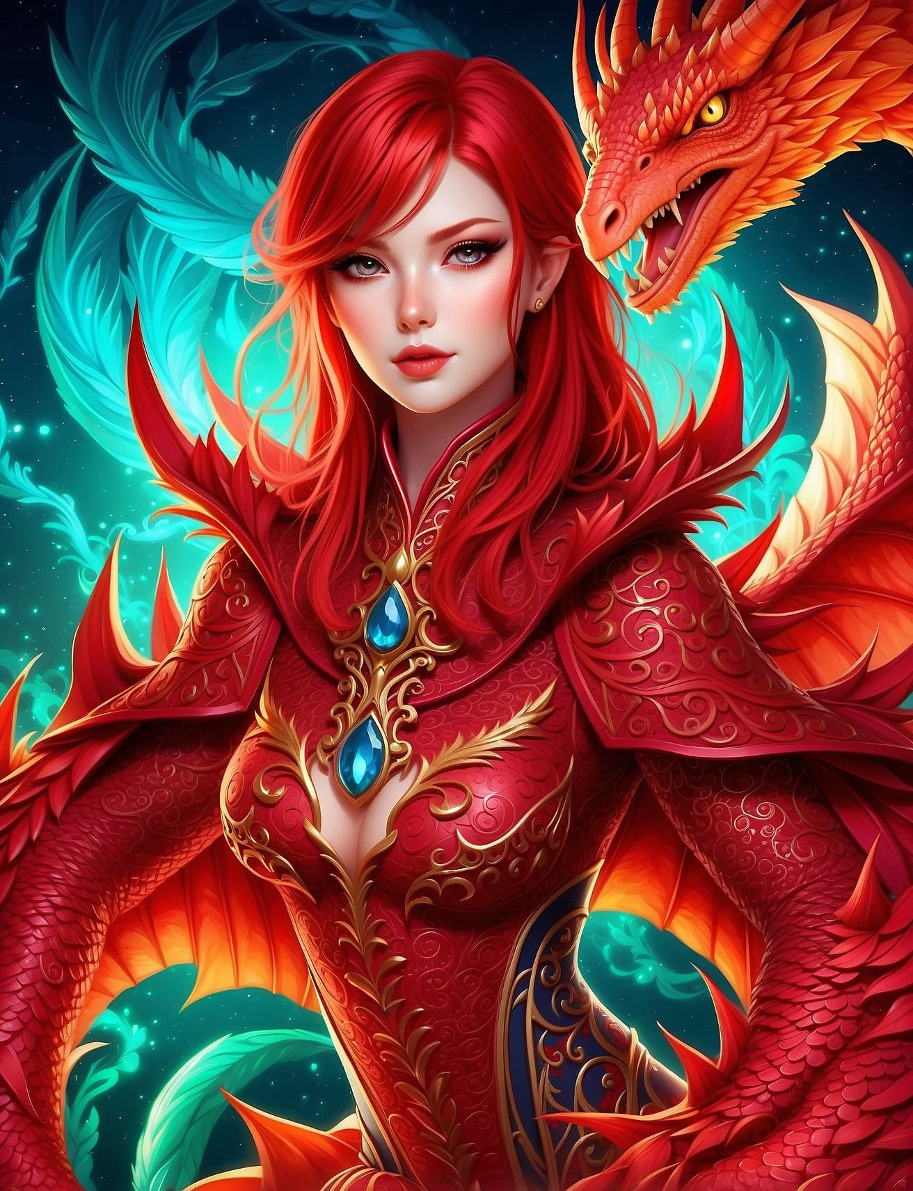 AI generated: A captivating alien female draconian shapeshifter is depicted in this vibrant and detailed digital d...