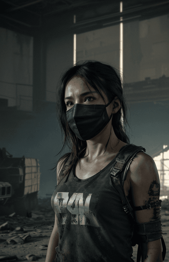 AI generated: single, 1person, solo, 1 girl, after world apocalypse, wearing torn tshirt, serious look, mad max st...