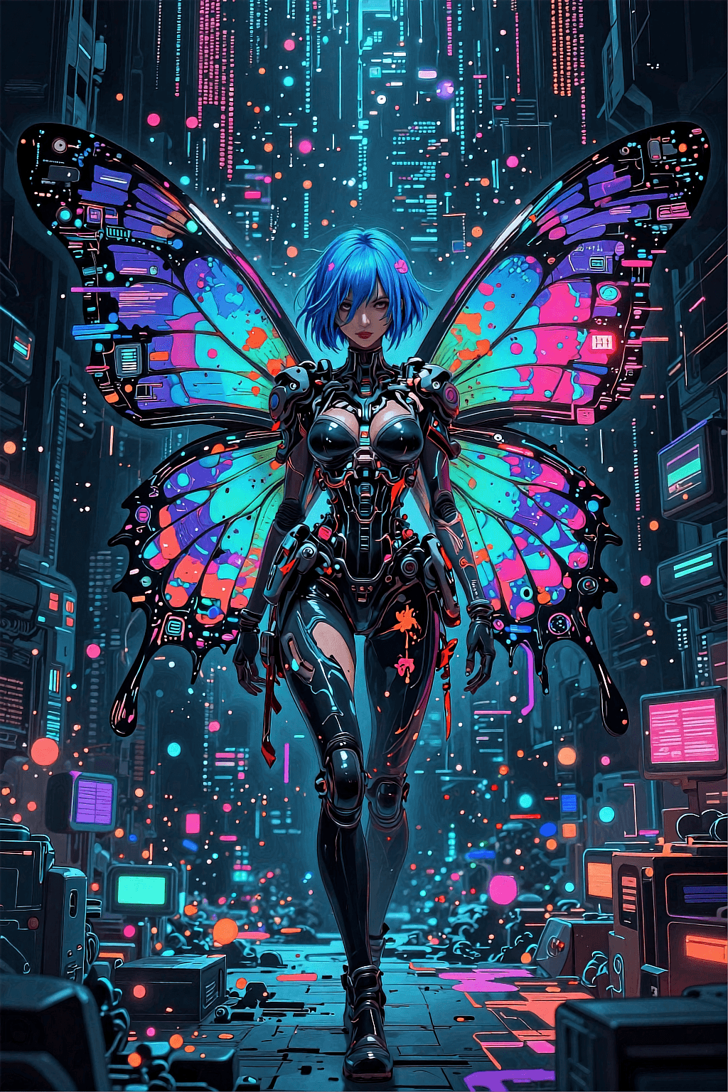 AI generated: A vertical digital art masterpiece of a futuristic cyber-fairy standing in a digital void. She has s...