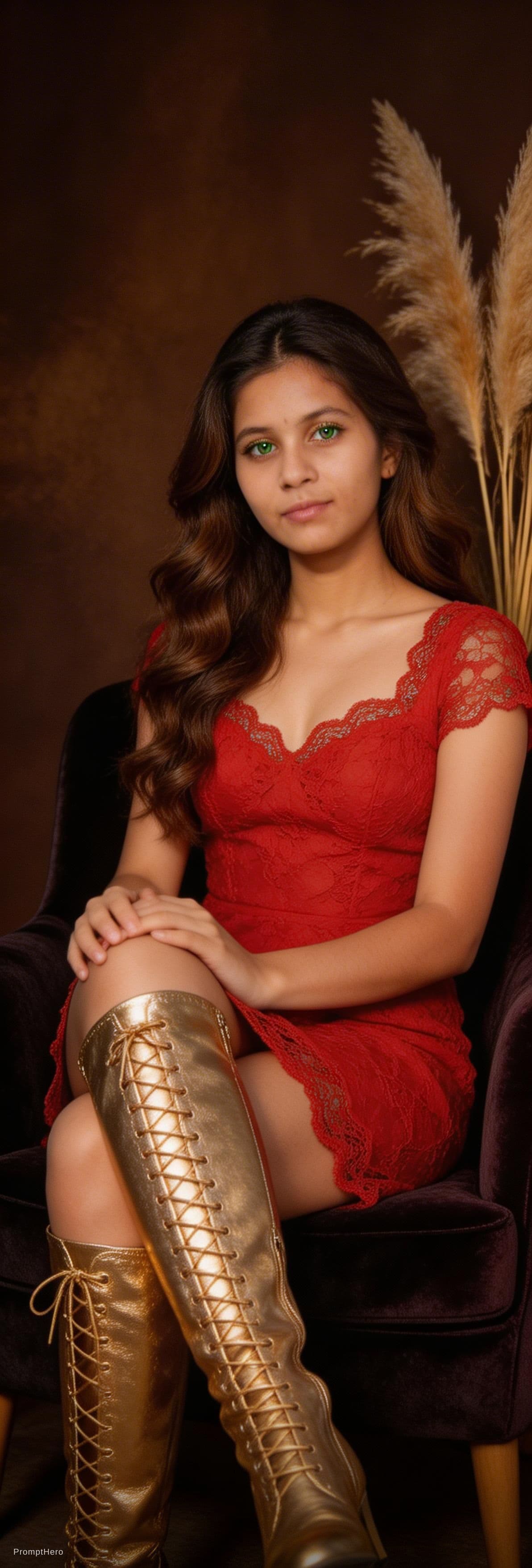 AI generated: A stunning, portrait of a beautiful young woman with long, wavy brown hair and captivating green eye...