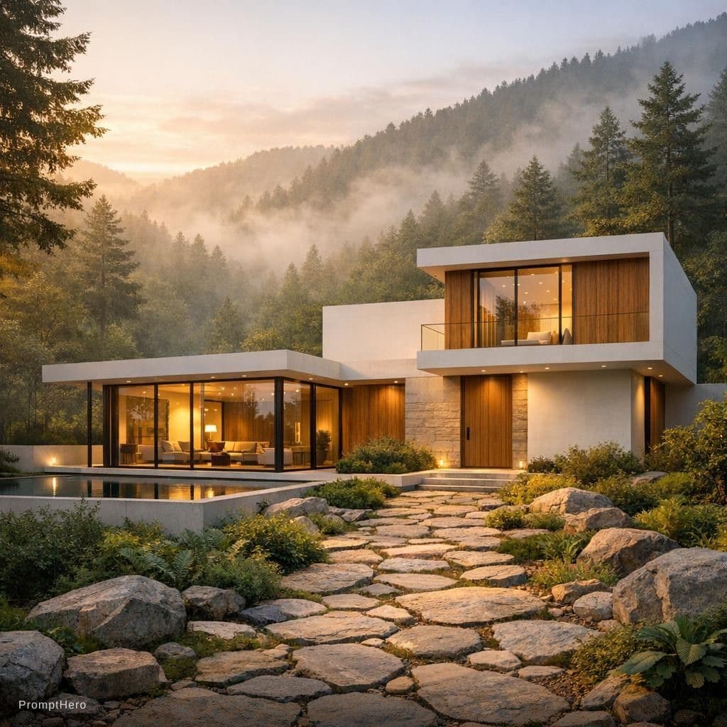 AI generated: A minimalist modernist villa designed as a peaceful retreat in nature, set in a deep green mountain ...