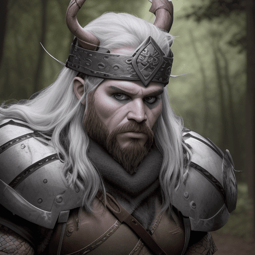 AI generated: Un vikingo de la era moderna emerge de las sombras de un bosque urbano, su figura imponente y sus oj...