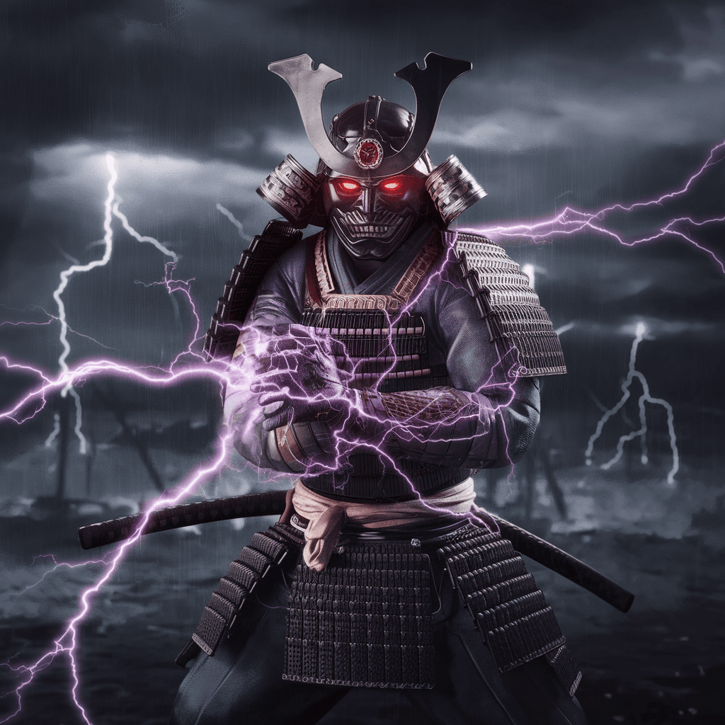 AI generated: A dark-faced samurai warrior with glowing red eyes, wearing traditional samurai armor, his face part...