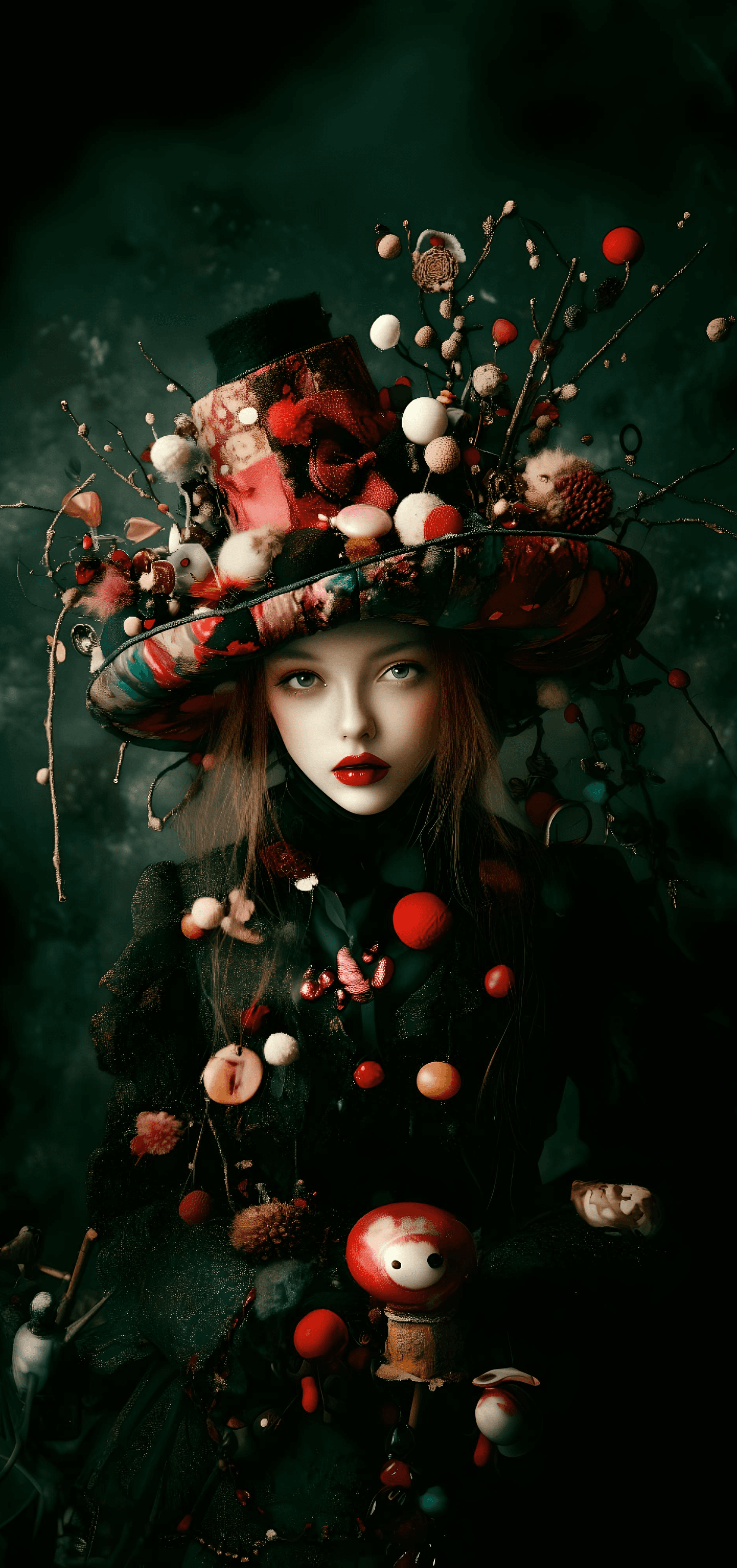 AI generated: A young girl wearing an elaborate hat made of various materials, with some colorful beads and mushro...