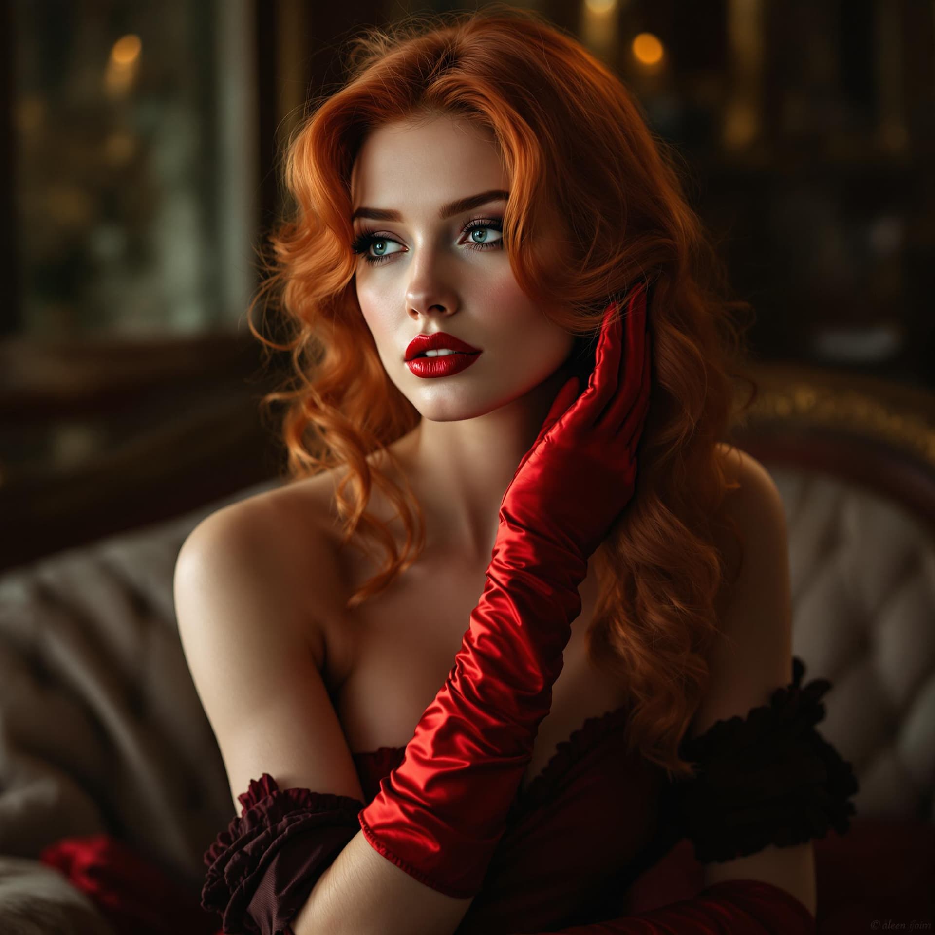 AI generated: erotic woman ,in a luxuriously sureal Dimension, she is complete Ginger-haired ,red satin gloves