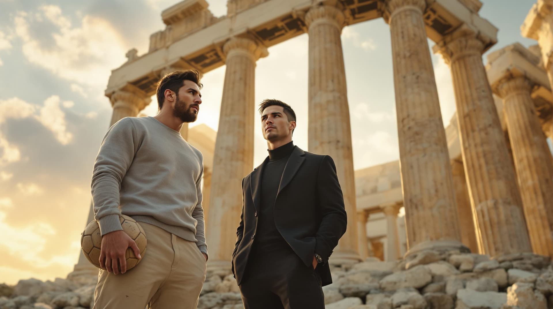 AI generated: Lionel Messi and Cristiano Ronaldo standing in front of the ancient ruins of an Olympic temple in Gr...