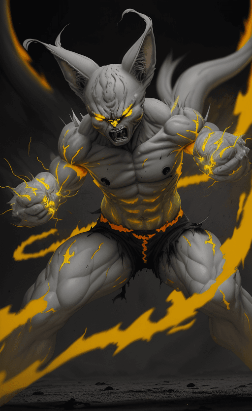 AI generated: gray alien cat, full body, terrifying, fierce and threatening, ,a great aura glowed in a golden yell...
