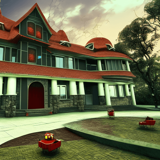 AI generated: wide house in the hell 2 floor, high-tech style, outdoor is the place of evils from the circles of h...