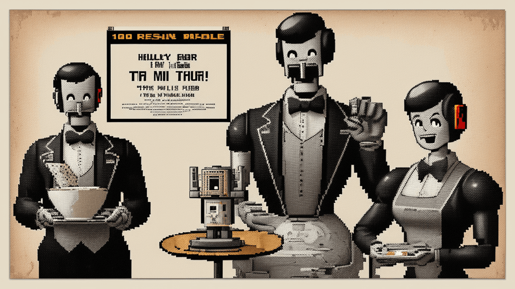 AI generated: mono pixelated poster, signed by"101", a digital illustration of a robot waiter, highly detailed vin...