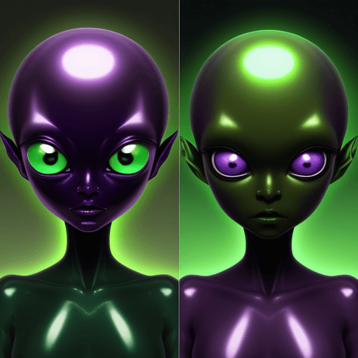 AI generated: pictures of extraterrestrials, their body color is green and their very big eyes are purple and shin...