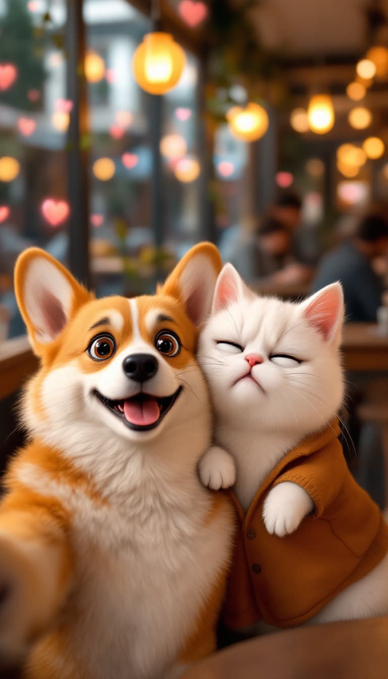 AI generated: An anthropomorphic corgi with big, expressive eyes and a big smile takes a selfie while hugging a fa...