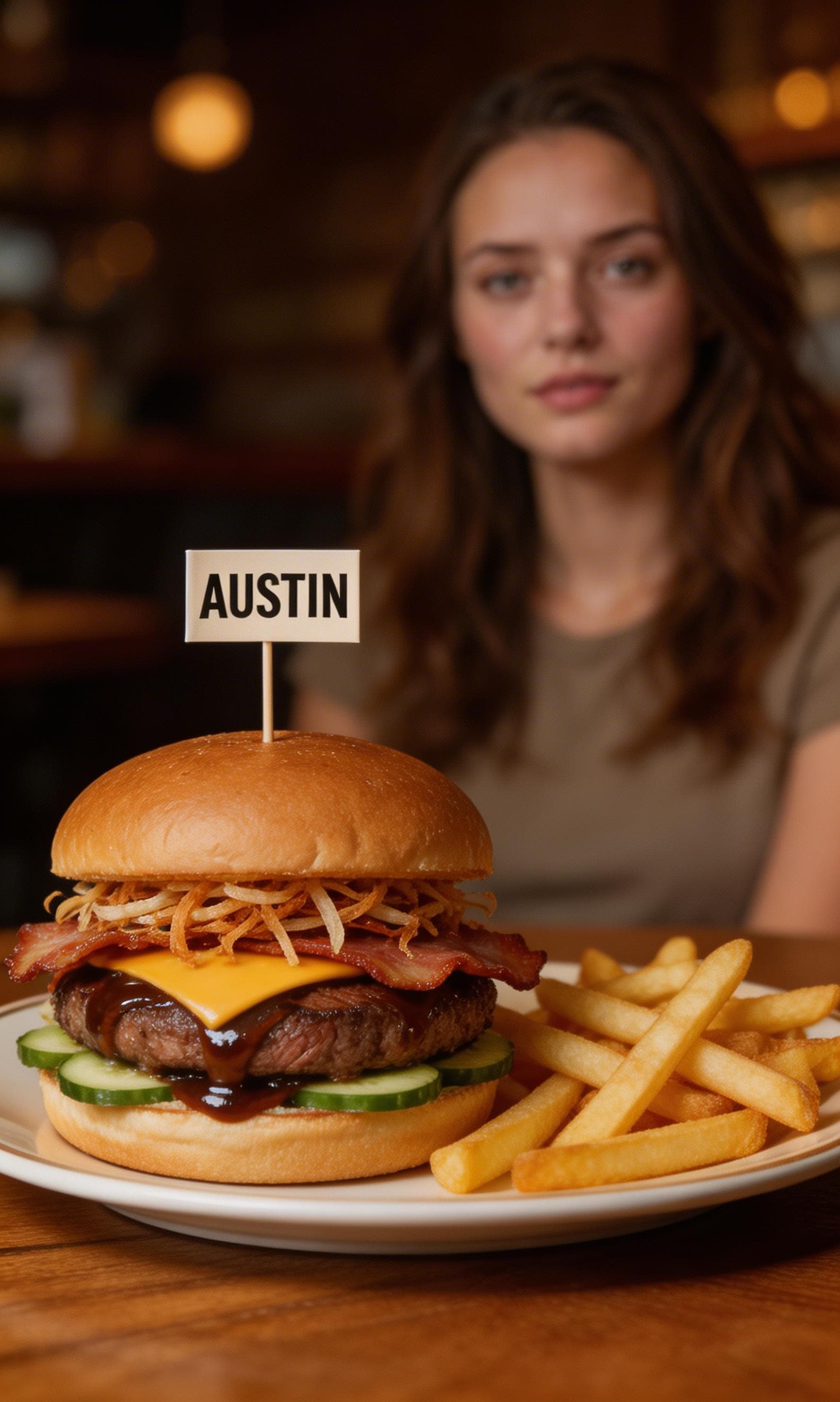 AI generated: close up of a burger named "Austin"
Ingredients :Steak, Sauce Barbecue, Bacon, Crispy Onions, Chedda...