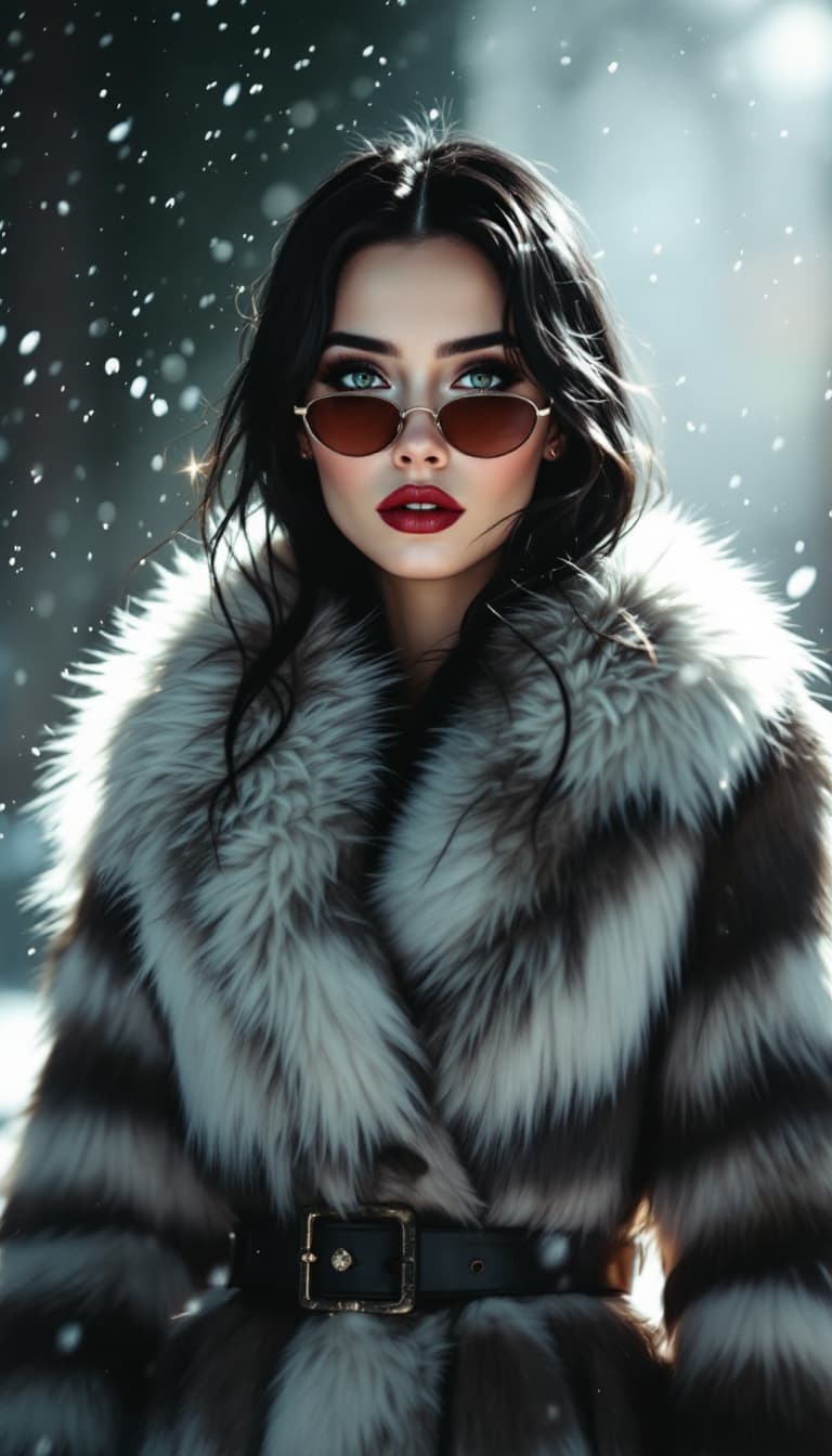 AI generated: Woman, night-black hair, geranium lips, belted, faux-wolf coat, vermeil lips, sophisticated, luminou...