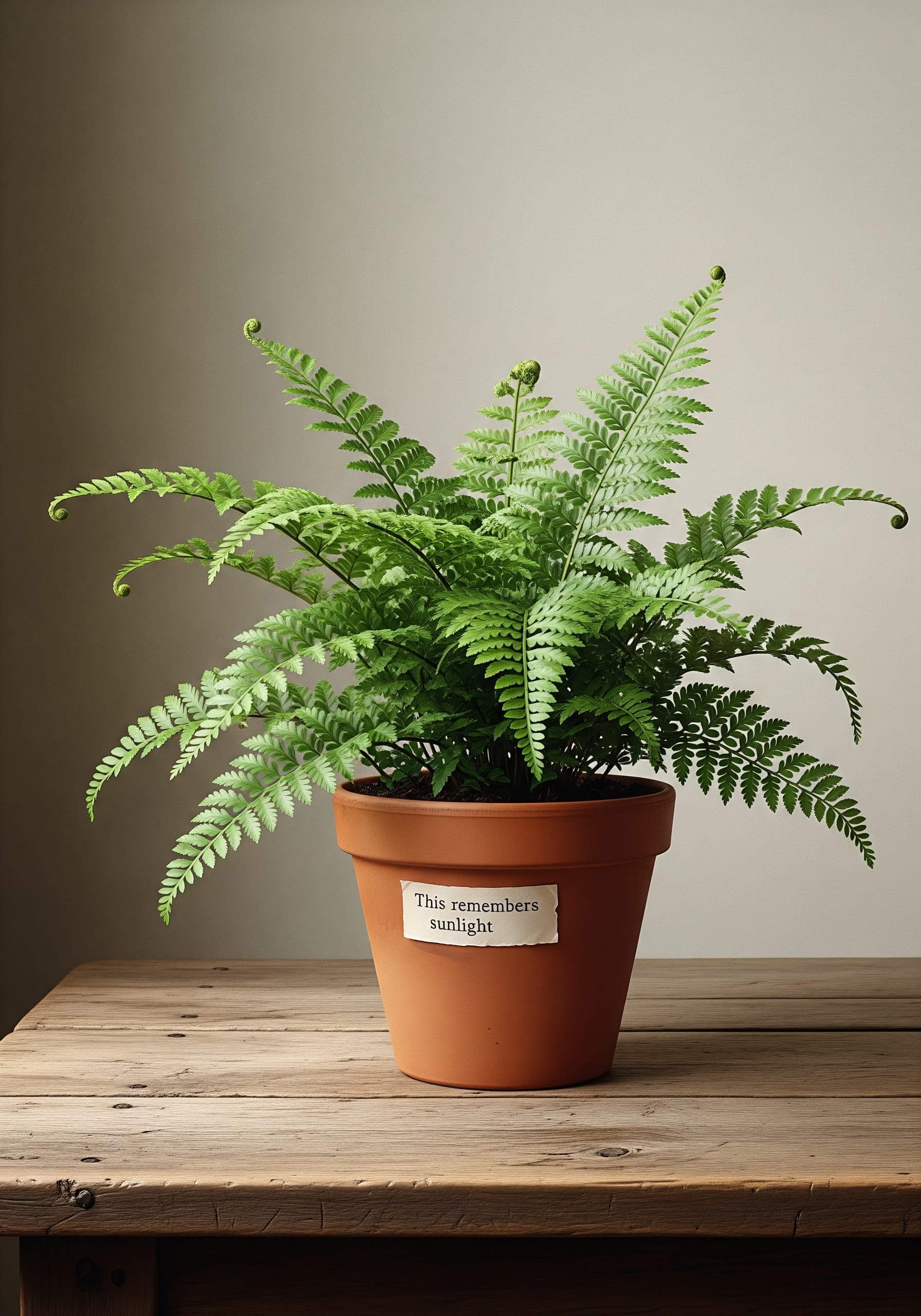 AI generated: Hyperrealistic still life: A vibrant green potted fern sits on a rustic wooden table against a plain...