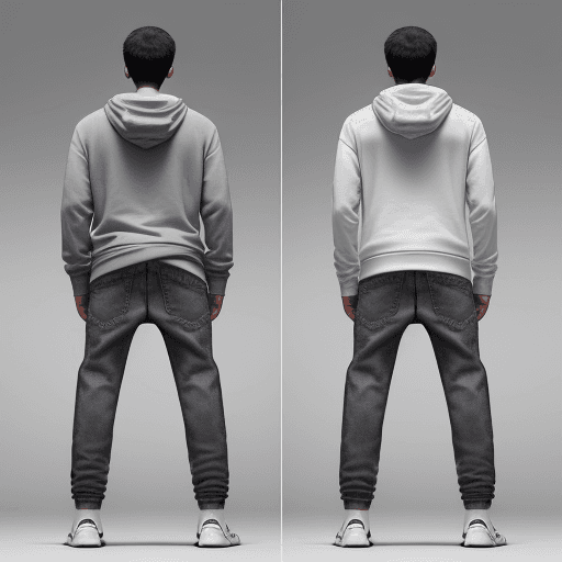 AI generated: wear fitting photography, back view, in grey background, man wearing black loose hoodie, denim jogge...