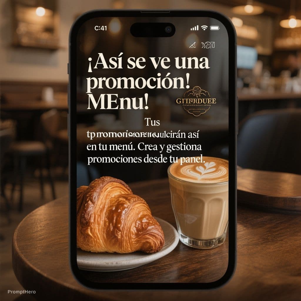 AI generated: Vertical 9:16 promotional banner for a premium modern café menu app. Realistic flaky croissant and a...