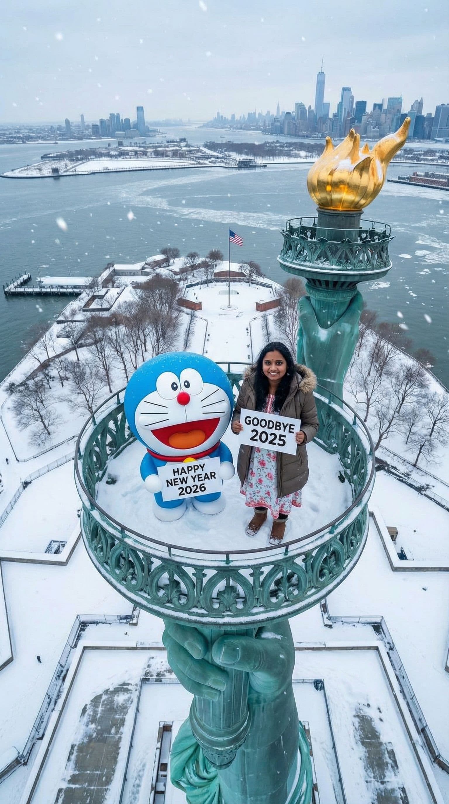 AI generated: Doremon and my image standing above the statue of liberty with a top view in which doremon's hand sh...