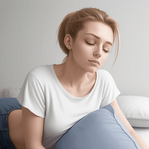 AI generated: The image shows a woman laying on top of a bed next to a pillow, with a wall in the background. She ...