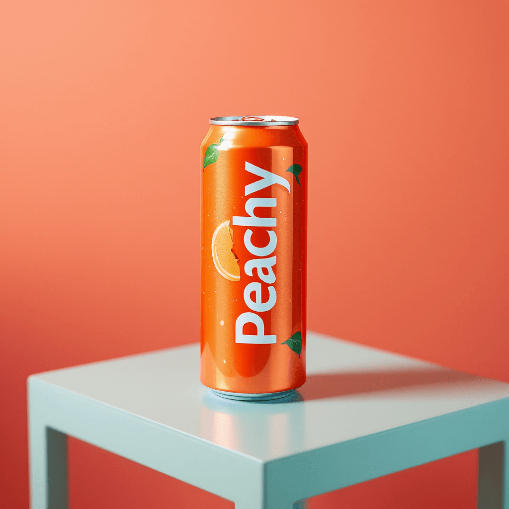 AI generated: Studio Product shot, a close up shot, A peach colour slim can of soft drink , can has PEACHY logo ve...
