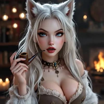 AI generated video: Smoke trailing from pipe. Blowing smoke. Wolf ears move, twitch and swivel. 
