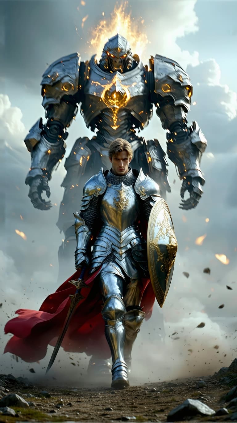 AI generated: An ultra-realistic, zoomed out, front facing, full-body portrait of a noble Paladin in gleaming silv...