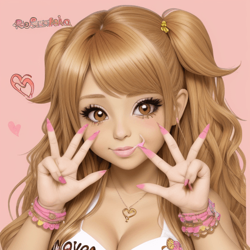AI generated: Dibujo cute chibi gyaru morena rubia  con pestañas postizas y uñas postizas l
haciendo signo de paz 