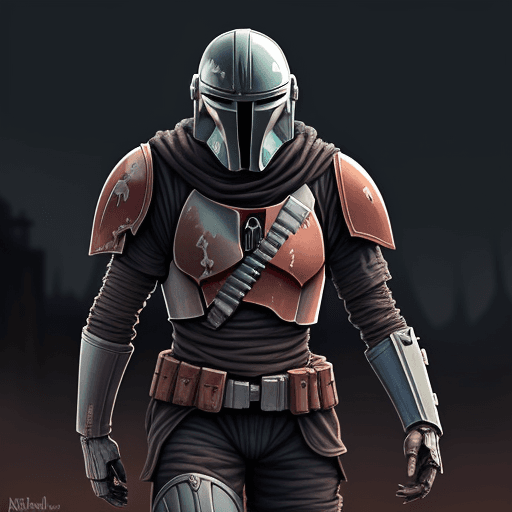 AI generated: one undead skeleton, in old mandalorian armer. armer rusty and falling off of skeleton. nighte sky. 