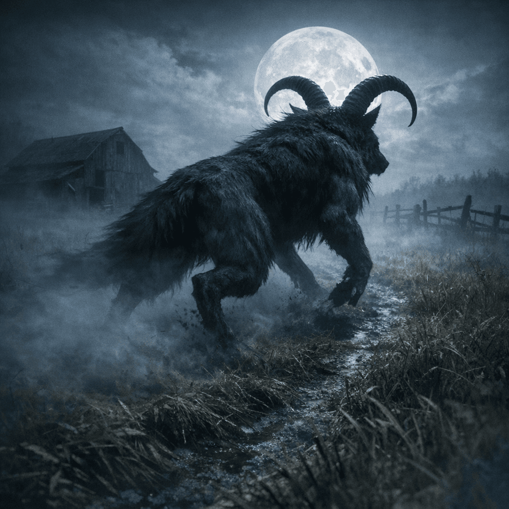 AI generated: hybrid creature moving through misty farm field at night, goat-legs powerful, wolf-like torso, curve...