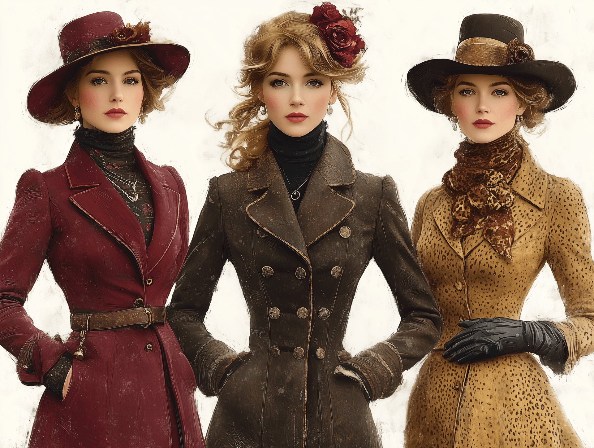 AI generated: Three women in vintage fashion attire, clipart on white background, dressed for the evening with lon...