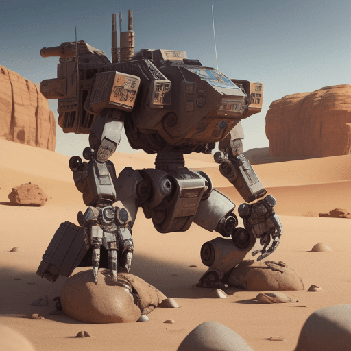 AI generated: A mech robot ,electronics,details ,in desert with rocks and stones,machinegun in right hand,veiw ang...