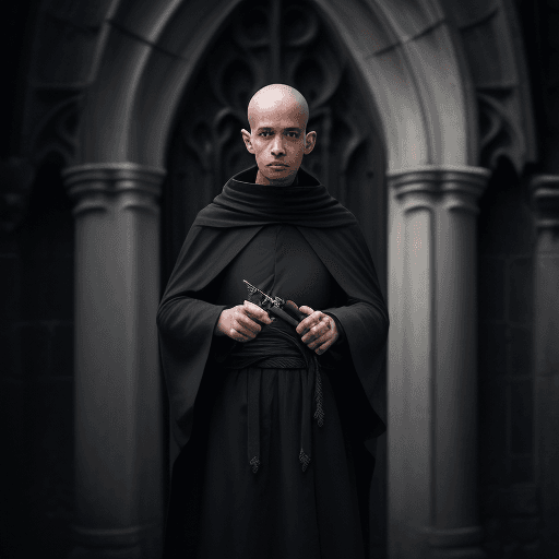 AI generated:  Photo of unaware century xii monk wearing habit, outside small gothic church, at dawn, with knives ...