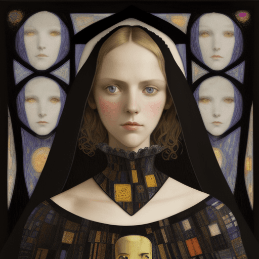 AI generated: Epic, supernatural patchwork Art by Klimt, Jennifer lommers,n the style of Edward Gorey Mondrian, va...