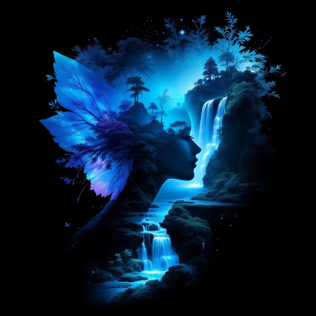 AI generated: Create a double-exposure digital image that captures the silhouette of a female fair against a black...