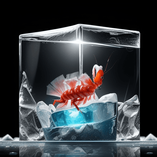 AI generated: Epic hyperrealistic photo of a dwarf shrimp inside a frozen ice cube, macro, fine details, film noir...