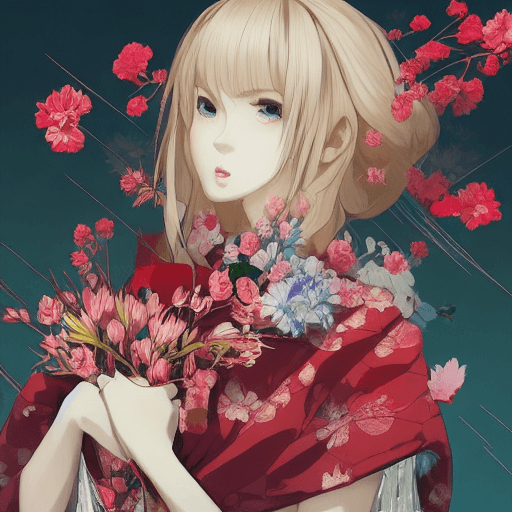 AI generated: masterpiece, concept art, illustration, centered, a pretty girl holding a bunch of flowers on a city...