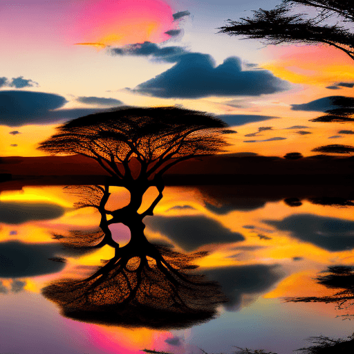 AI generated: Produce a mesmerizing and authentic photograph featuring an African landscape at sunrise. Highlight ...
