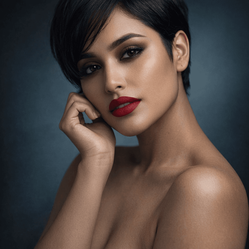 AI generated: Create a highly detailed, photorealistic portrait of a woman with short black hair and dramatic make...