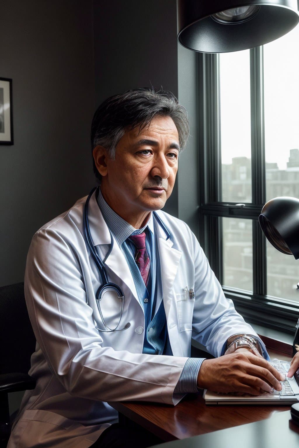 AI generated: (Doctor:1.2), (working at an office York City:1.3), using a Nikon Z7 II with a 50mm f/1.4 lens, set ...