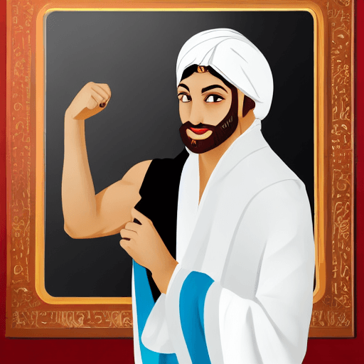 AI generated: simple cute mid eastern man in turban where in scholarly robes Character, black background, less det...