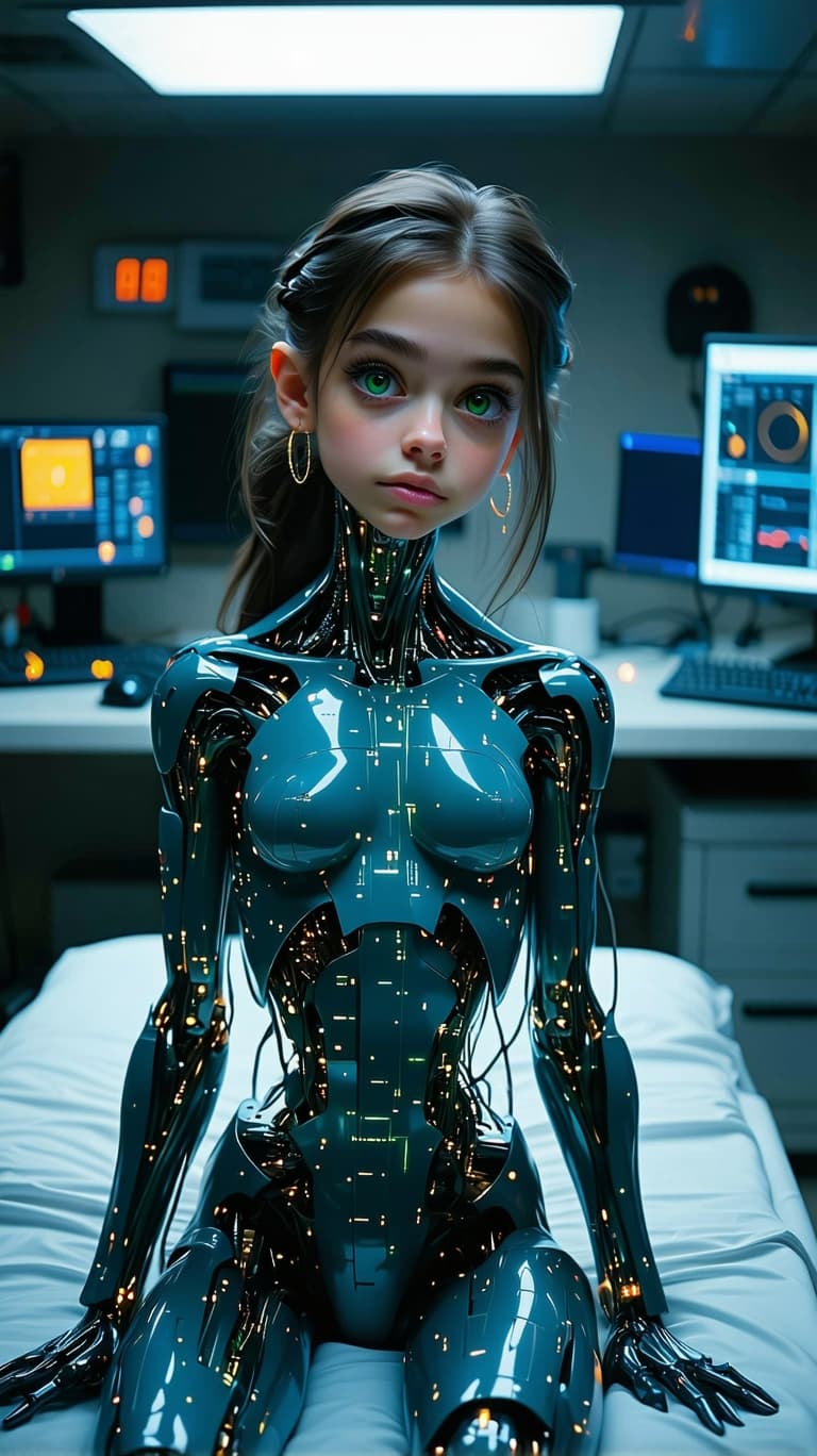 AI generated: exceptionally beautiful tween female, artificial intelligence cyborg, full body (futuristic),(master...