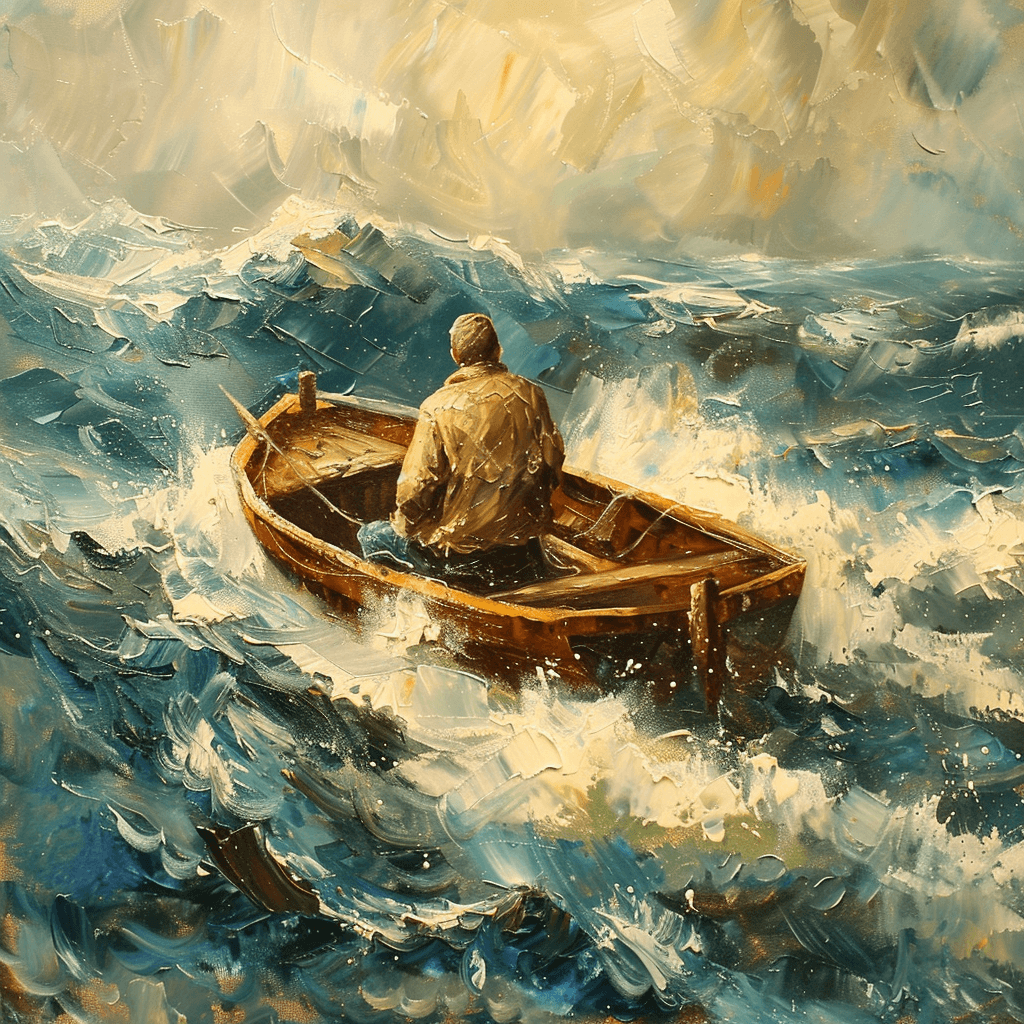 AI generated: oil painting of a man lost at sea in a small boat, turbulent ocean, waves, gloomy, in style of Ivan ...
