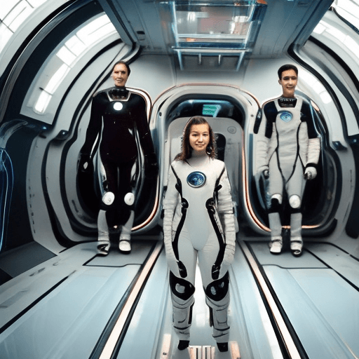 AI generated: teenager with futuristic space-suit boarding a spaceship's with her 4 friends