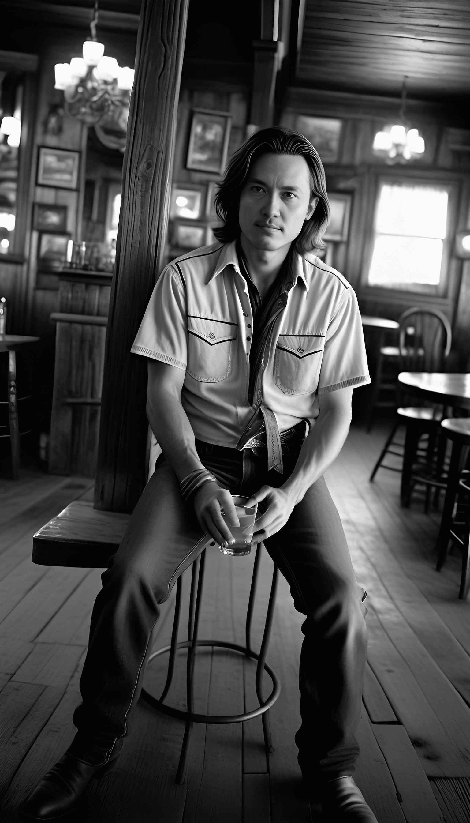 AI generated: a cowboy having a drink inside an old western saloon, black and white, photorealistic, detail rich, ...