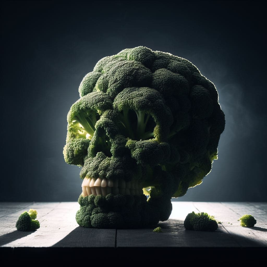 AI generated: photography, (RAW photo:1.3), human skull made of broccoli, dark background, backlight