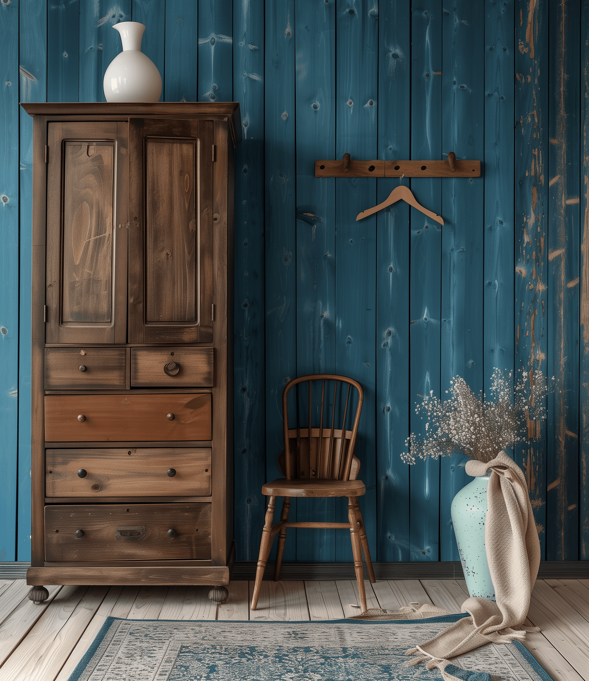 AI generated: old blue wood wall, wooden wardrobe with drawers and hanger on the top, small chair near it, little ...