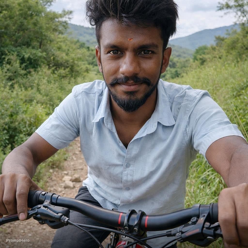 AI generated: 29 year old guy driving mbt bike in nature not helmet same face 