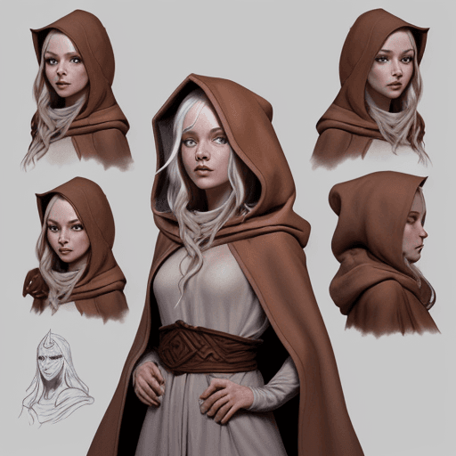AI generated: Young beautiful Scandinavian sorceress wearing a brown robe with a hood over her head, head and body...