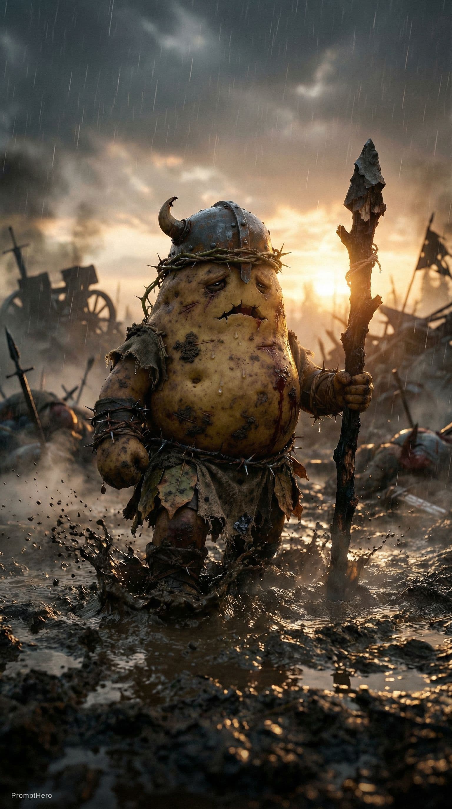 AI generated: Front cinematic hero shot of the same potato warrior walking toward camera through mud battlefield, ...