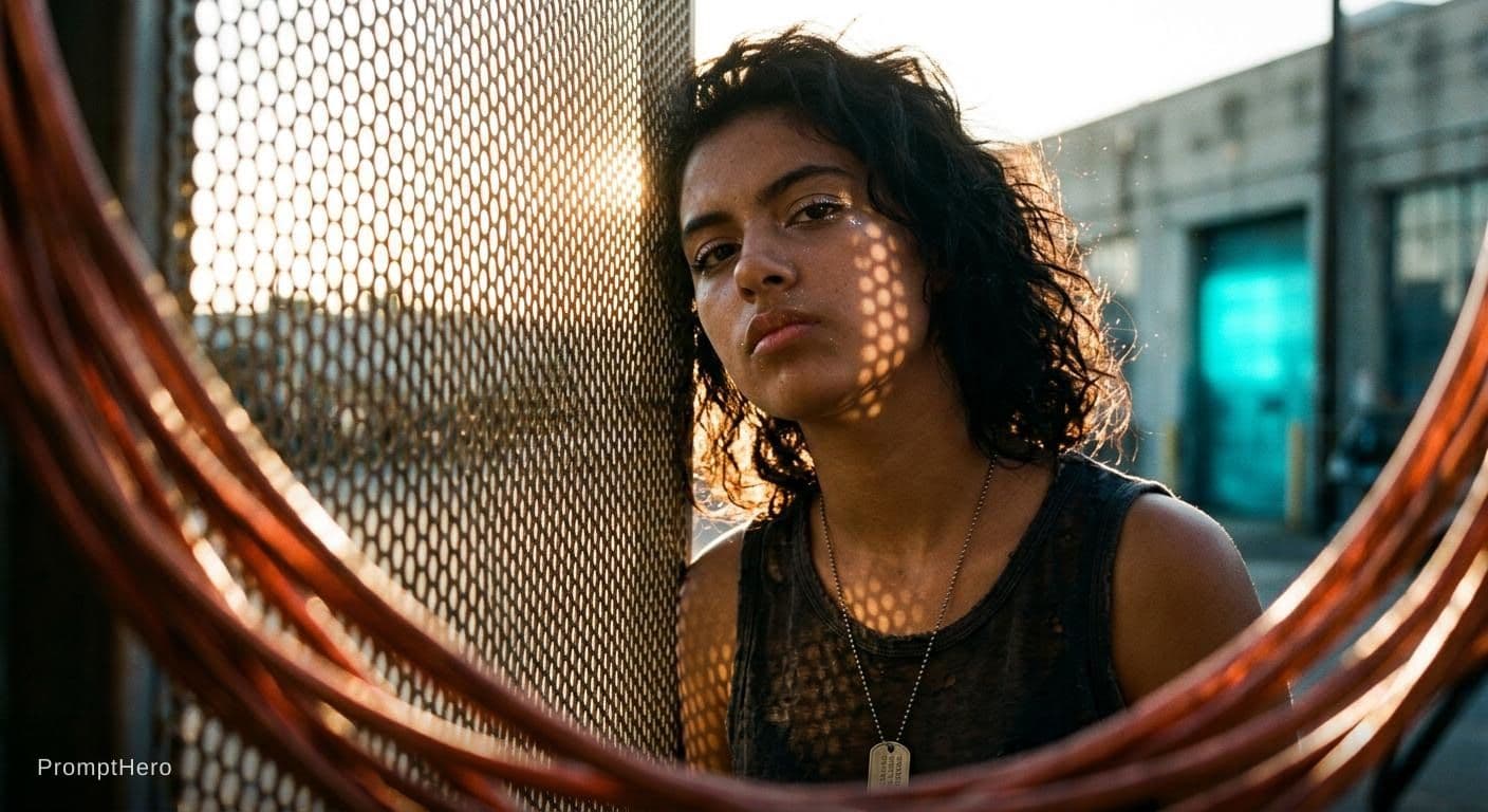 AI generated: Foreground copper cables glow copper-red in backlight. The girl presses against perforated metal mes...